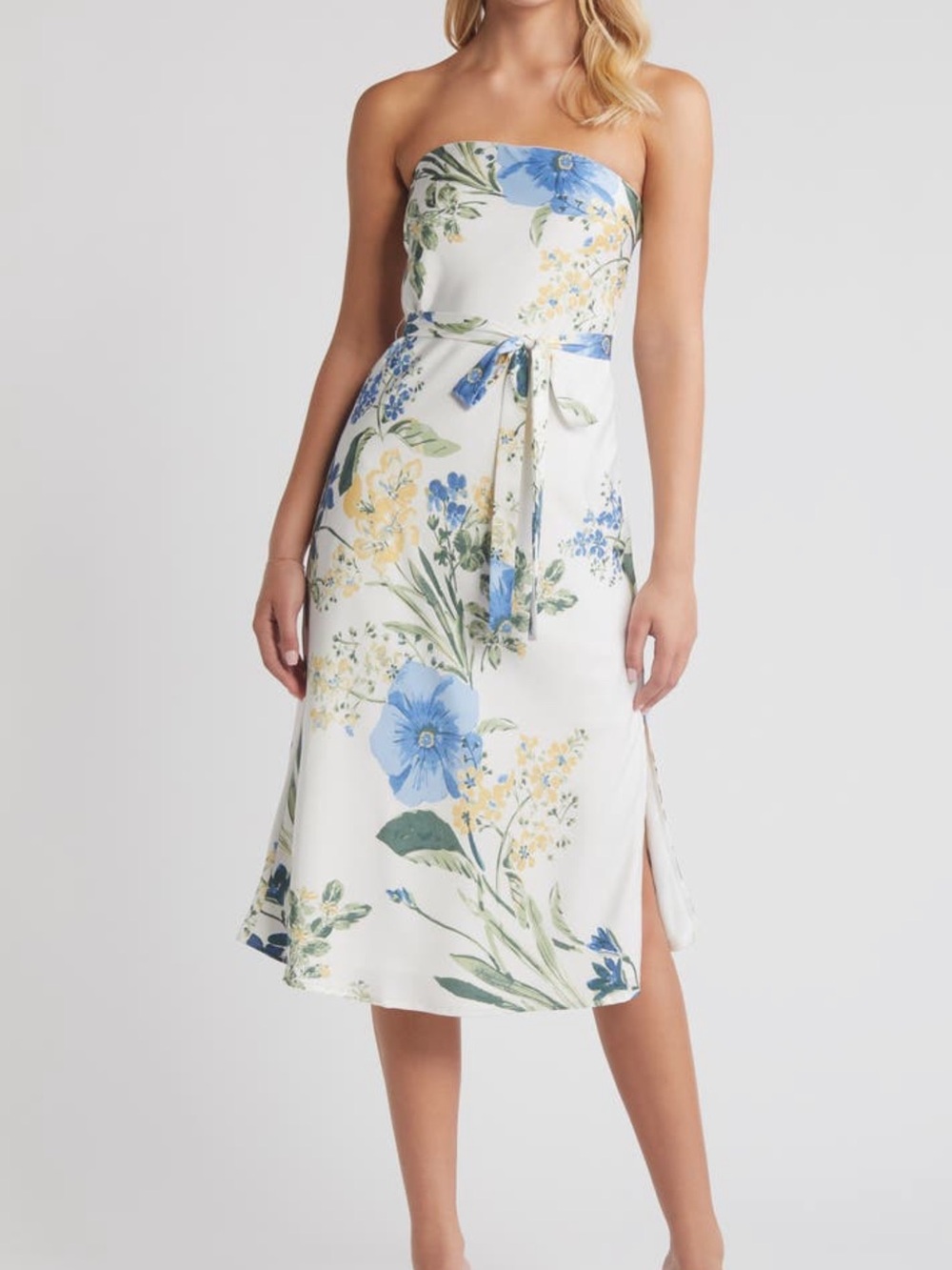 Lulu's White Satin Strapless Floral Midi Dress with Blue & Yellow Print M